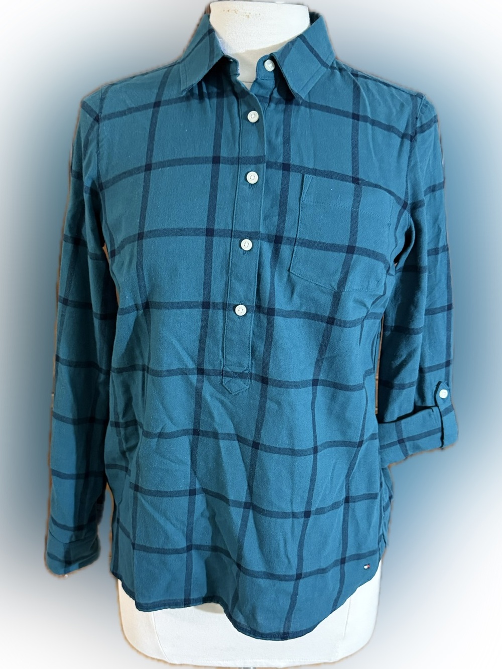 Tommy Hilfiger Teal Plaid Button-Up Tunic Shirt